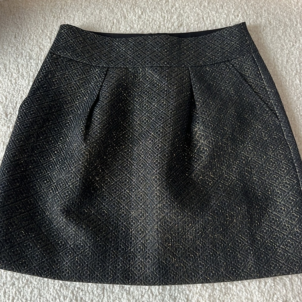 Ann Taylor LOFT Black Metallic Gold Jacquard A-Line Skirt Pockets - Picture 2 of 6
